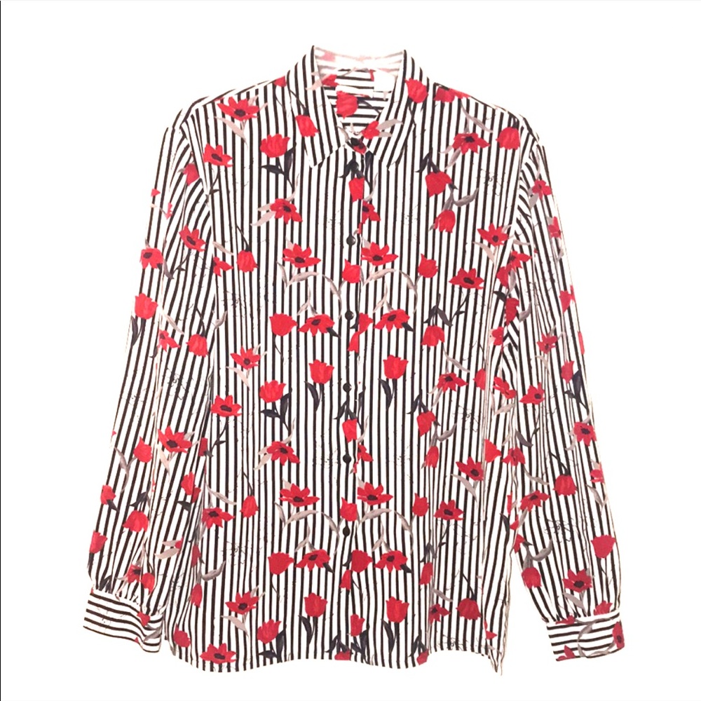 Black and white striped red floral button up shirt